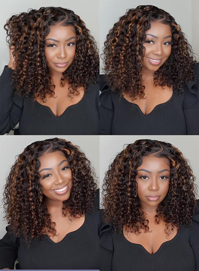 ISEE Hair Highlight Glueless Bob Wigs Human Hair Pre Plucked Pre Cut 2/30 Honey Blonde Curly Human Hair Wig for Black Women Ombre Water Wave 5x7 HD Lace Closure Wigs with Elastic Band 12 Inch - Image 5